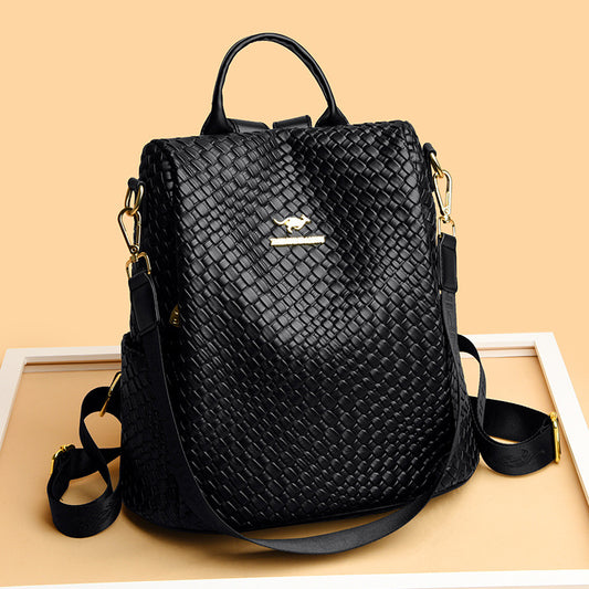 Women's Woven Leather Korean Stylish Versatile Large Women's Backpack