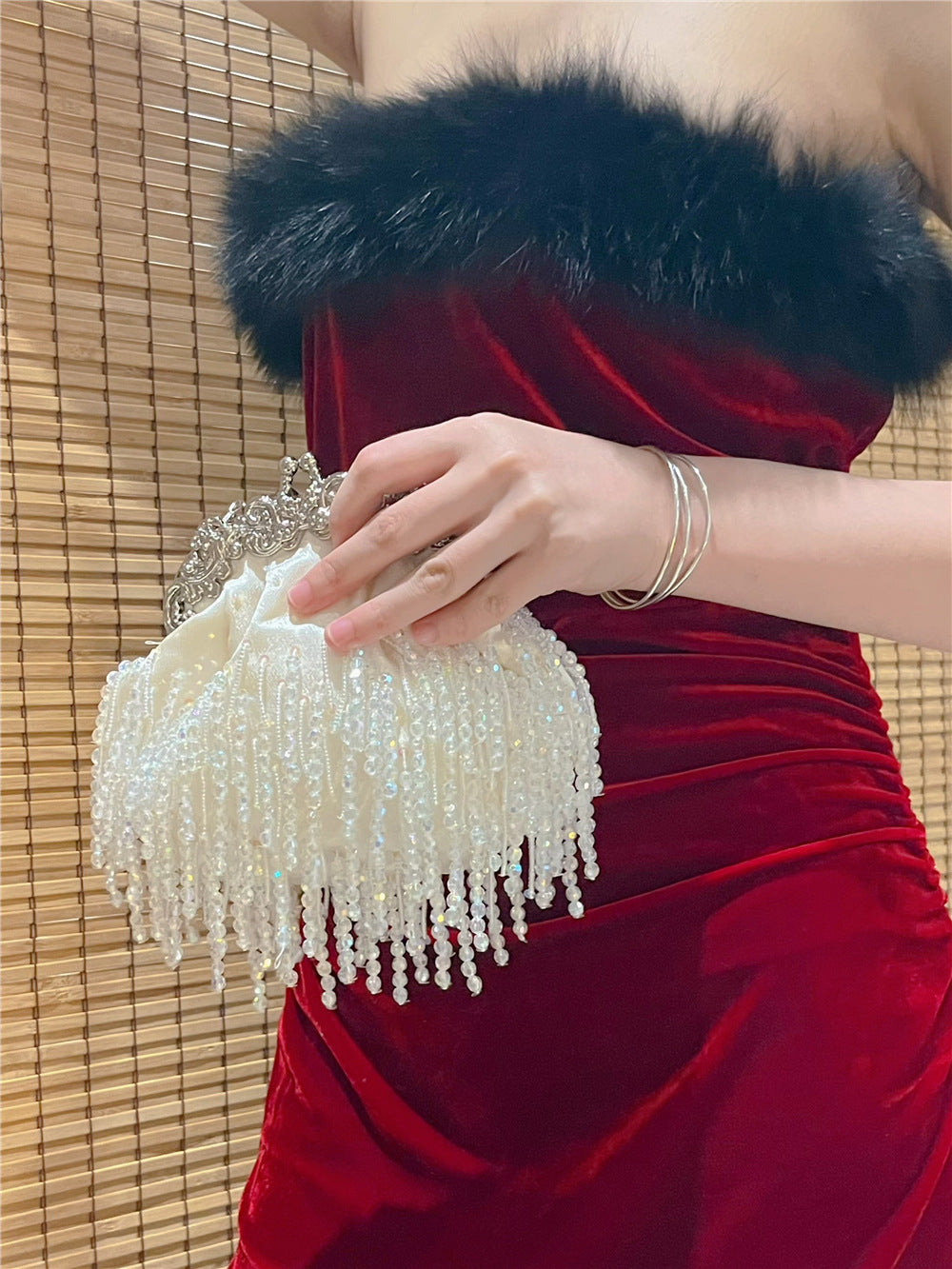 Beaded Tassel Lady Clutch Pearl Chain Women's Handbag