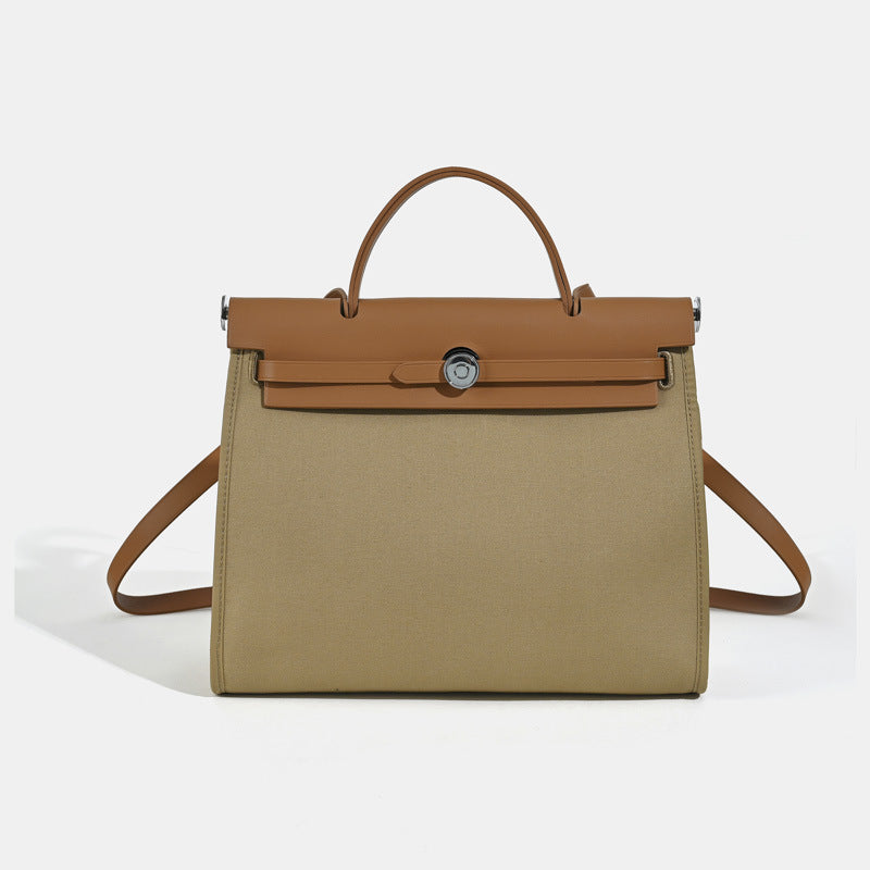 Women's Kelly Color Block Canvas Handmade Leather Large Women's Handbag