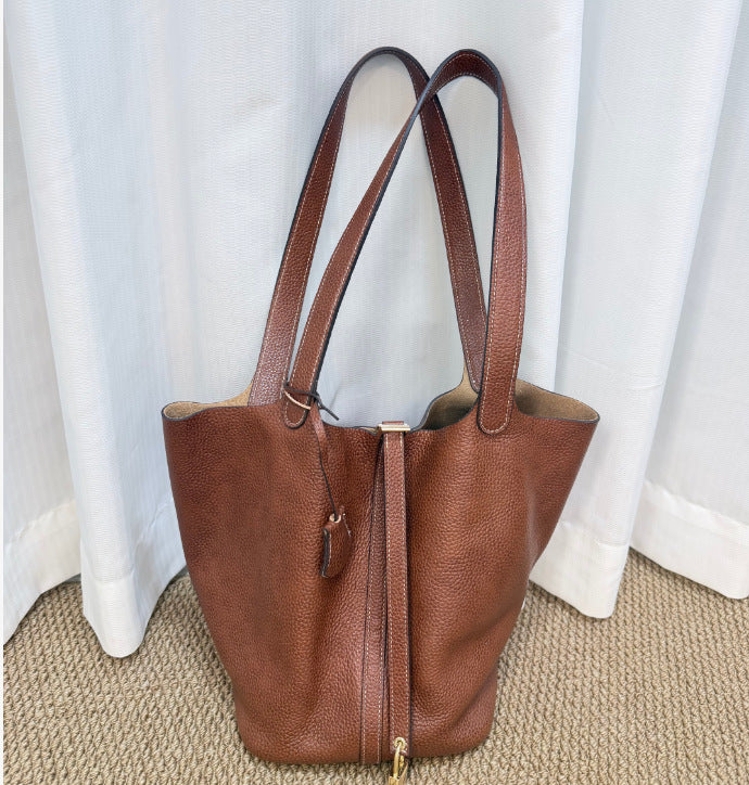 Women's Portable Classic Genuine Leather Vegetable Basket Lychee Pattern Simple Latch Women's Shoulder Bag