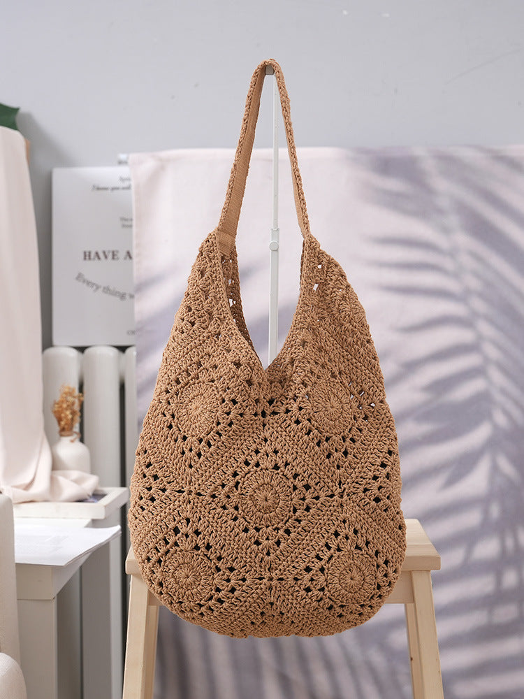 Cotton Thread Grandmother Grid Hollow Pattern Woven Large Capacity Artistic Women's Shoulder Bag