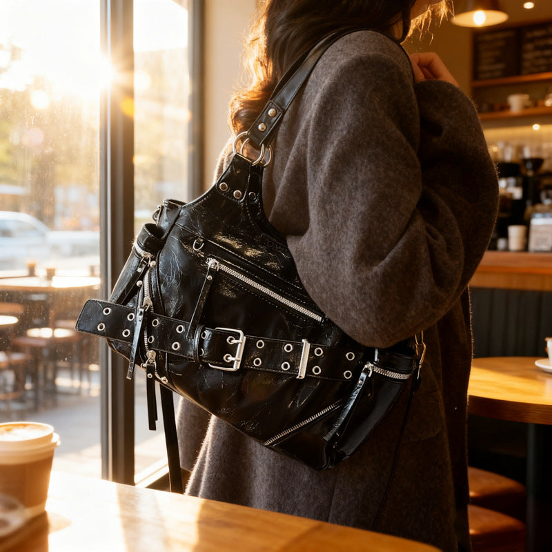 Retro Rivet Motorcycle Large Capacity Textured Women's Shoulder Bag