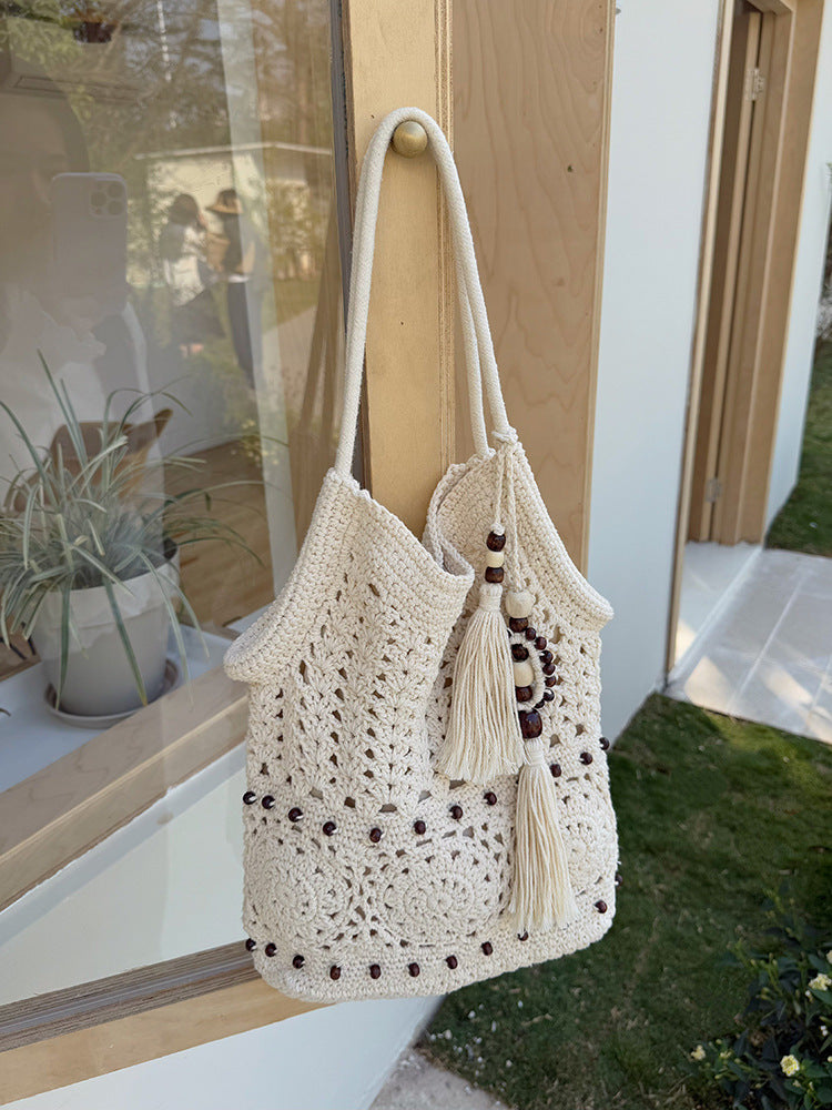 Artistic Hollow Tassel Cotton Thread Woven Large Capacity Seaside Holiday Women's Shoulder Bag