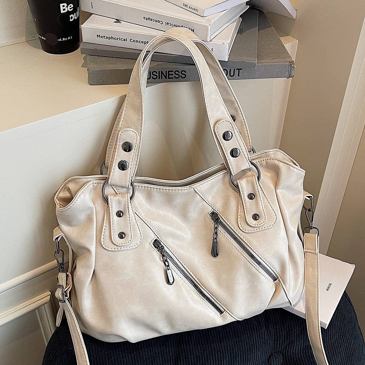 Simple Solid Color Large Capacity Totes Zipper Decorations Classic Bags