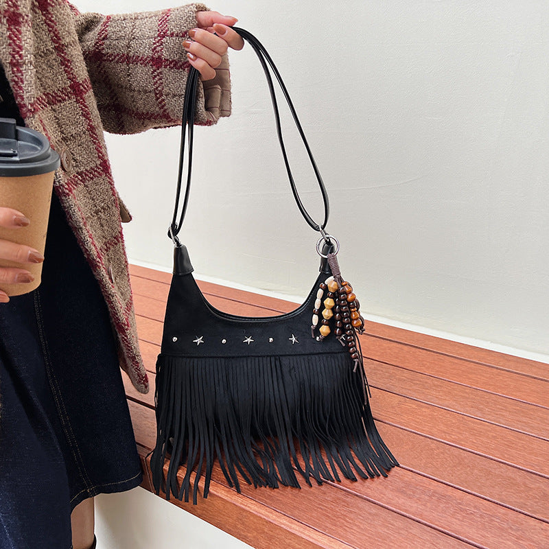 Women's Autumn Deerskin Veet Matte Tassel Retro Commuter Tote Bag