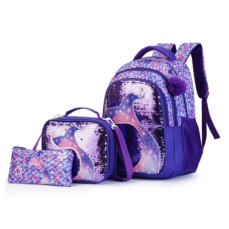 Portable Unicorn Mermaid Three-piece Lunch Pencil Large Capacity Practical Women's Backpack
