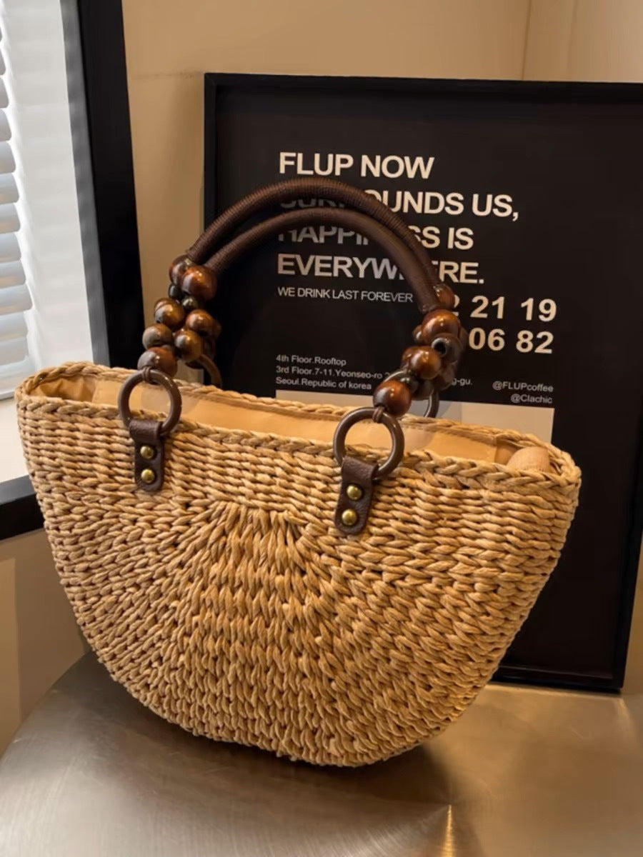 Women's Wooden Bead Portable Hand-woven Large Capacity Totes Vegetable Basket Tote Bag