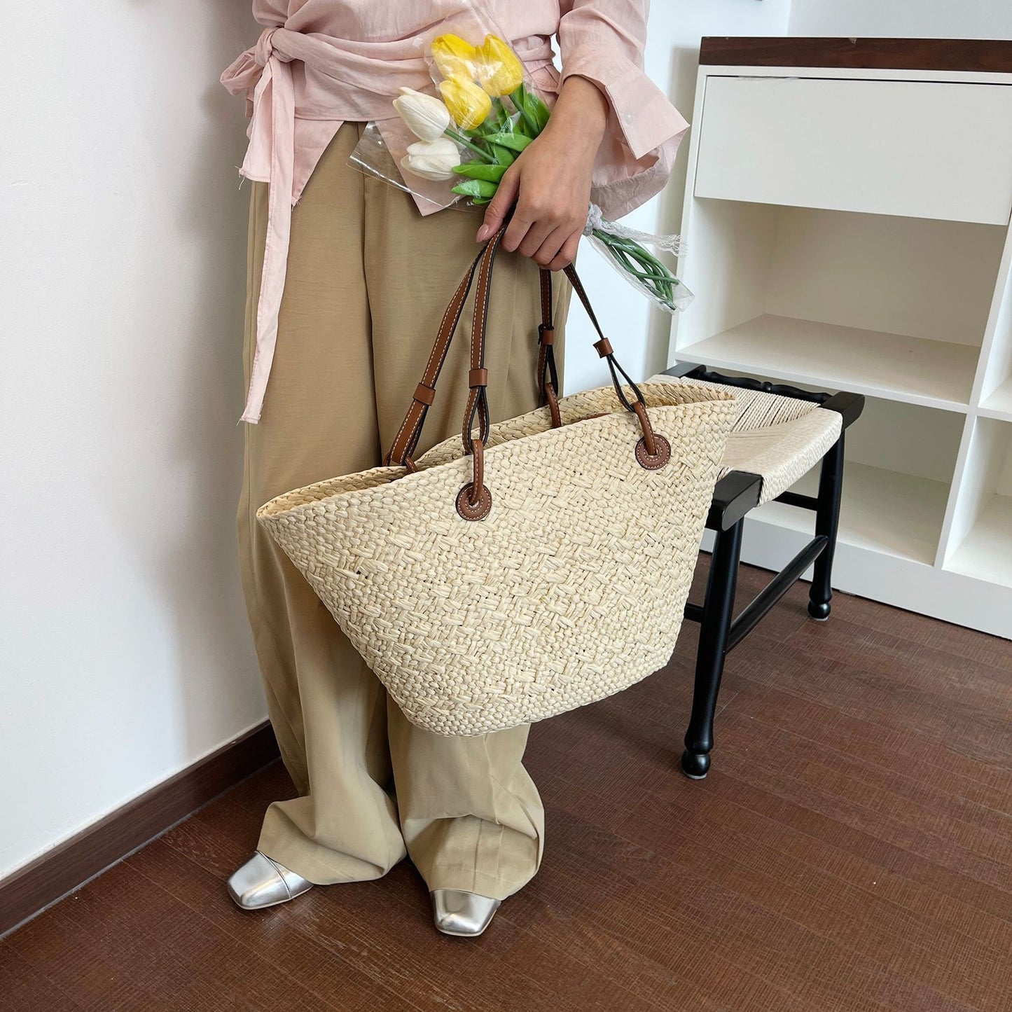 Women's Straw Woven Vegetable Basket Large Capacity Commuter Summer Seaside Vacation Tote Bag
