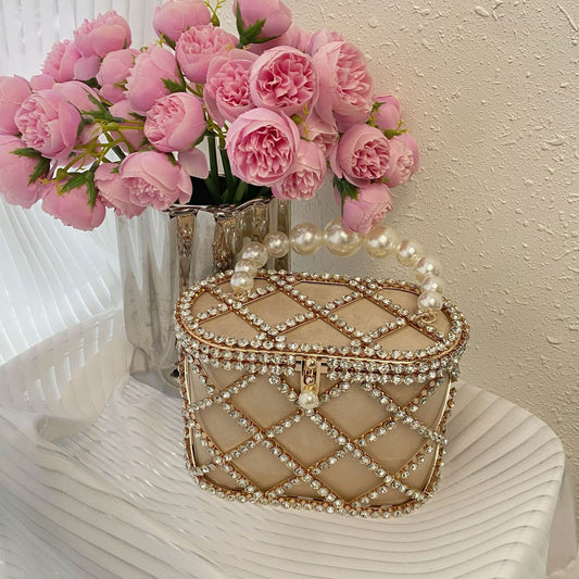 Diamond Shiny Studded Hand Pearl Crystal Dinner Rhinestone Bird Cage Bags
