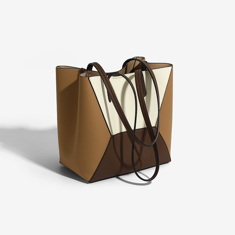 Women's Niche Retro Patchwork Contrast Color Trendy Large Capacity Commuter Son Tote Bag