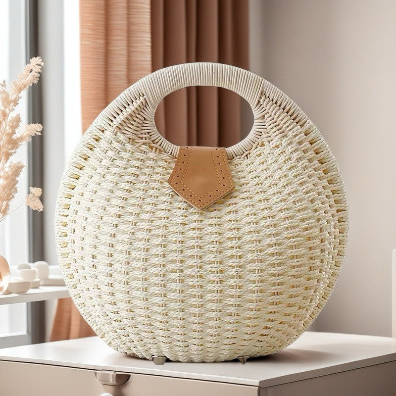 Simple Straw Style Woven Semicircle Beach Portable Round Women's Handbag