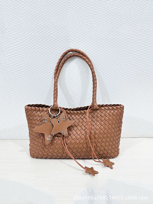 Women's Gold Woven Underarm Fashion Commuter Genuine Leather Big Large Capacity Tote Bag