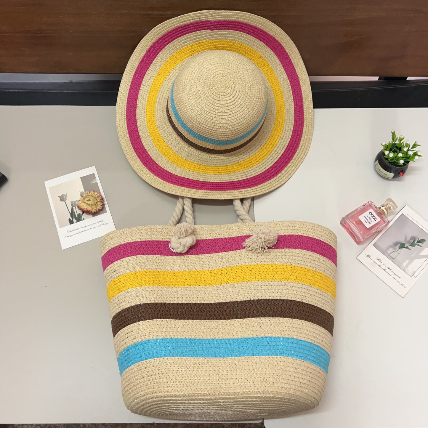 Summer Lady Colored Mosaic Beach Straw Tote Bag