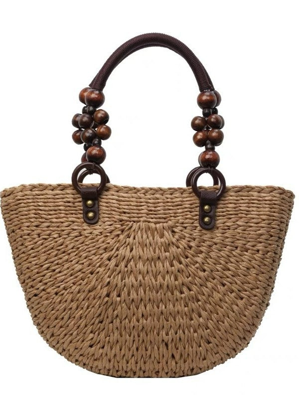Women's Wooden Bead Portable Hand-woven Large Capacity Totes Vegetable Basket Tote Bag