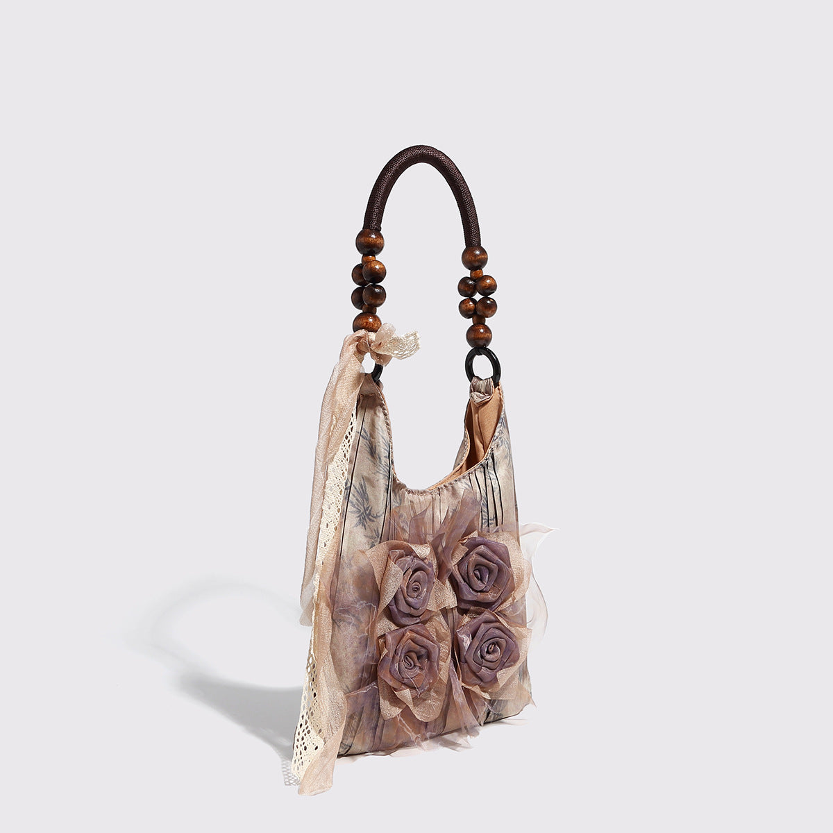 Retro Chinese Botanical Rose Flower Pleated Underarm Bag