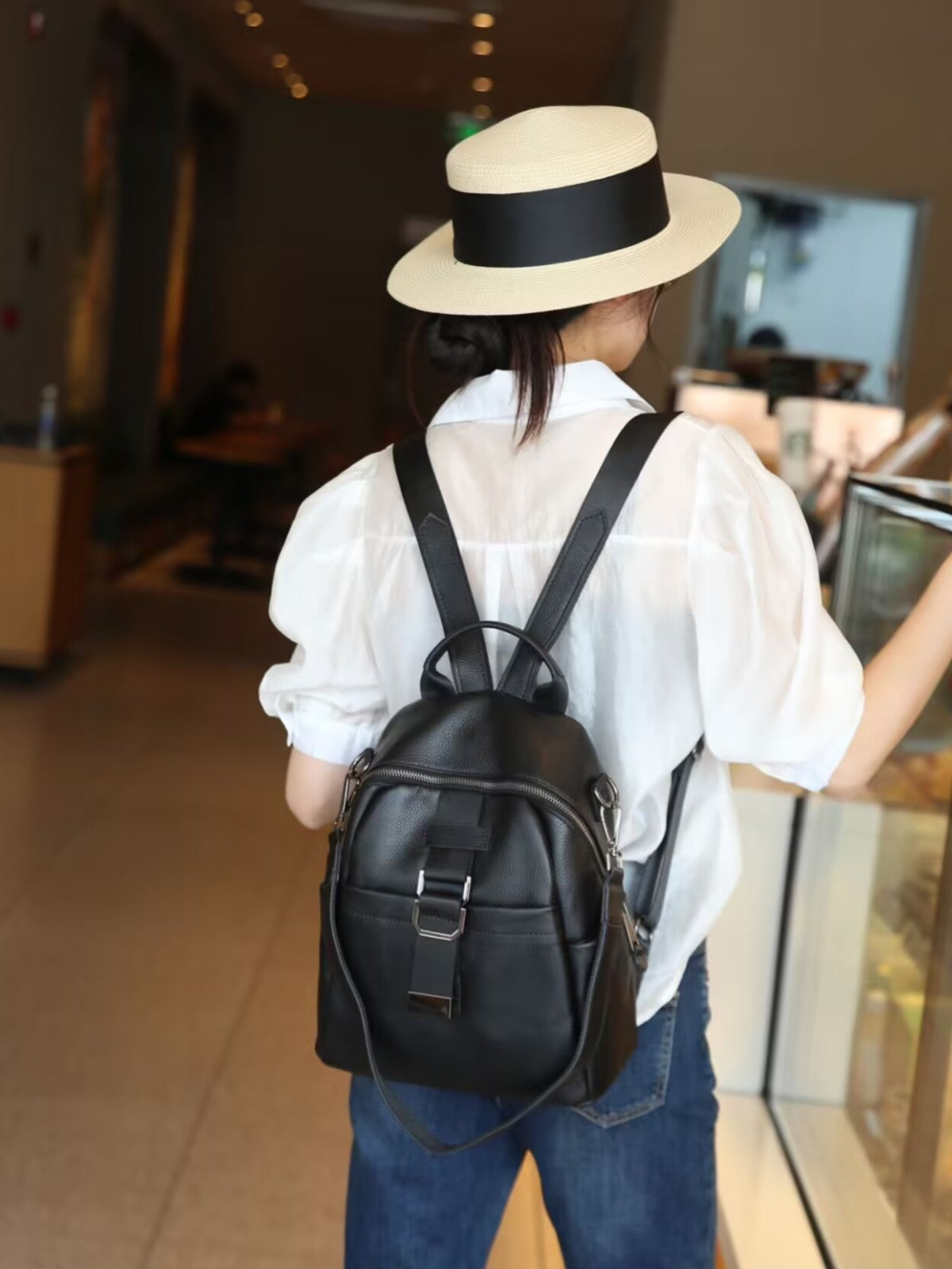 Women's First Layer Leather Lychee Pattern Elephant Gray Large Women's Backpack
