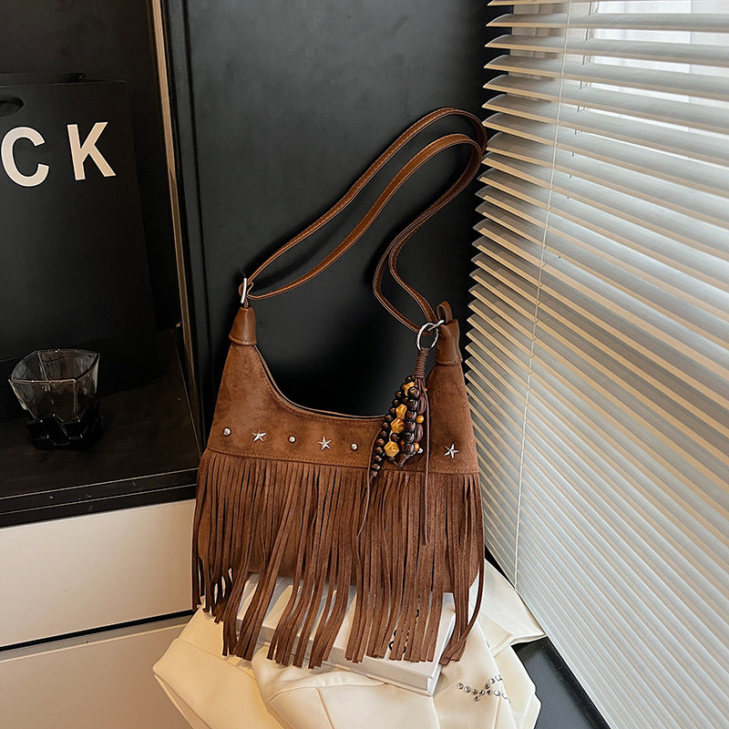 Women's Autumn Deerskin Veet Matte Tassel Retro Commuter Tote Bag