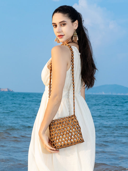 Women's Seaside Beach Vacation With Wooden Beads Decoration Women's Shoulder Bag