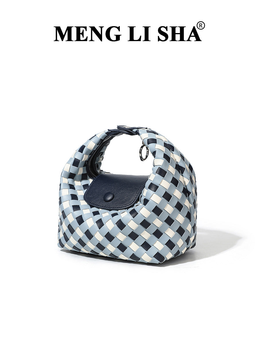 Women's Woven Blue White Plaid Hand Carrying Lunch Box Elegant Women's Shoulder Bag