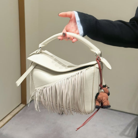 Cowhide Vintage Tassel Geometric High Fashion Small Square Bags