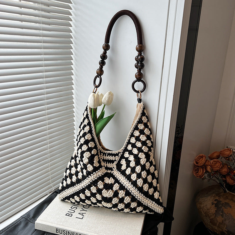 Women's Idle Style Large Capacity Knitted Summer Wooden Bead Woven Wool Shoulder Bags
