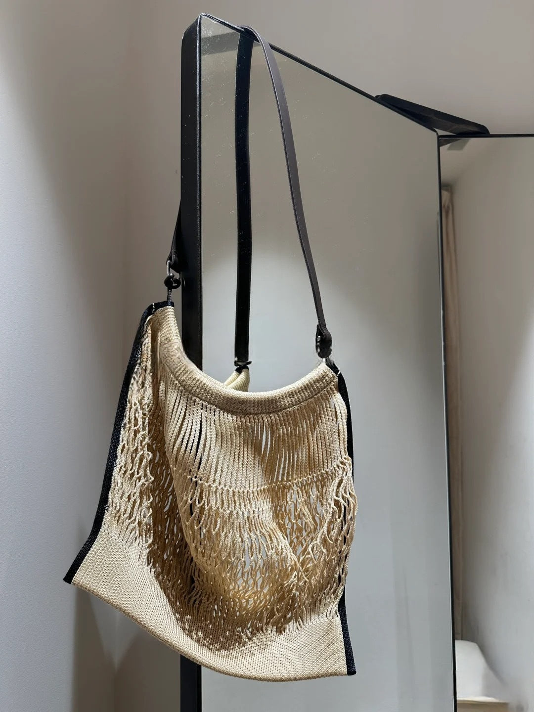 For Vegetable Tanned Leather Strap Woven Net Pocket Bags