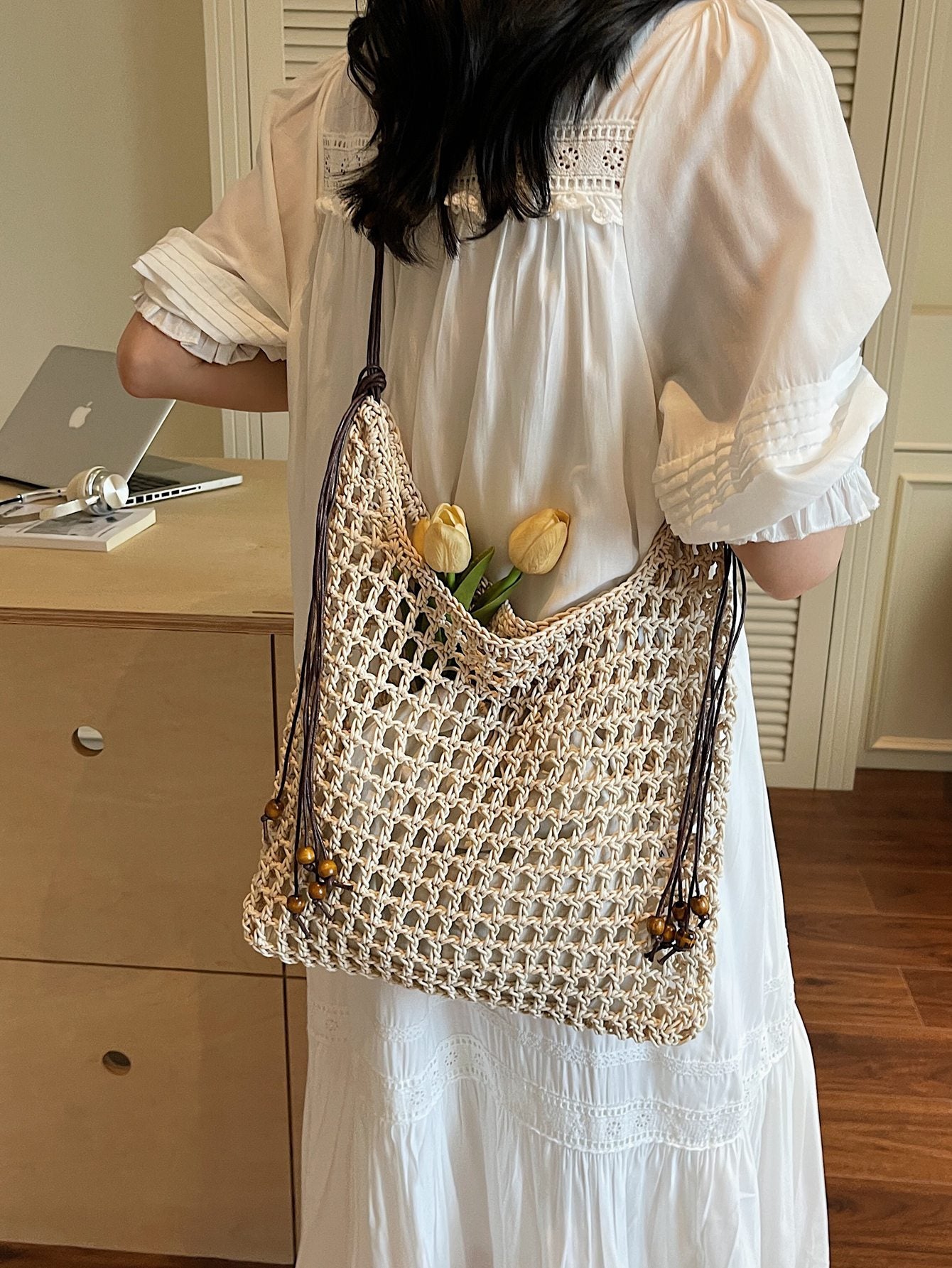 Summer Idle Style Hollow Straw Large Capacity Beaded Weave Bags