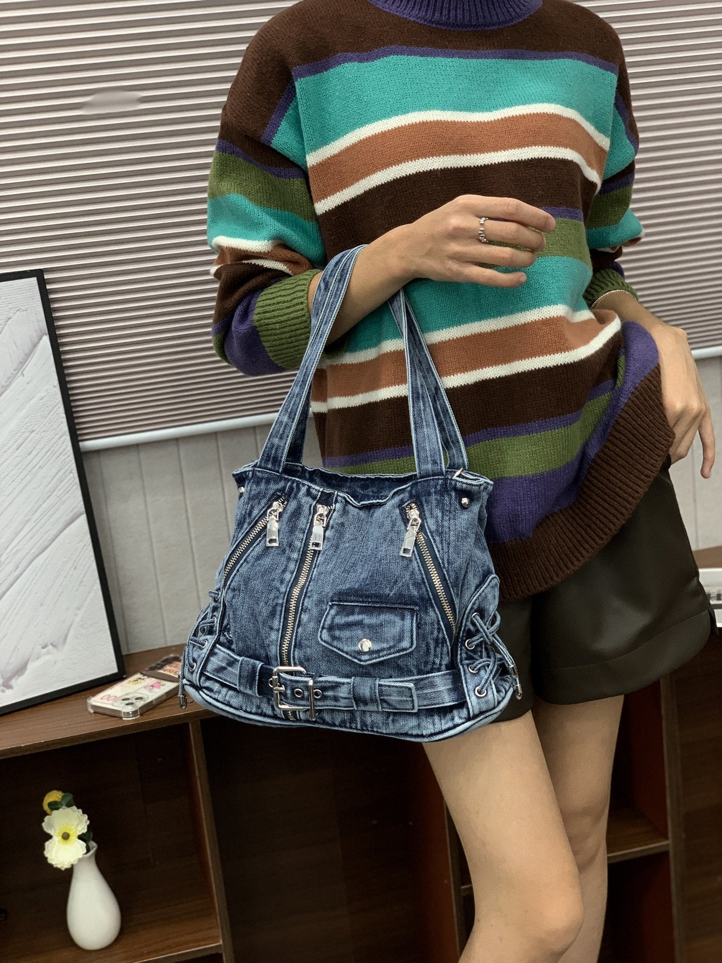 Fashion Denim Washed Punk Motorcycle Hot Top Bags