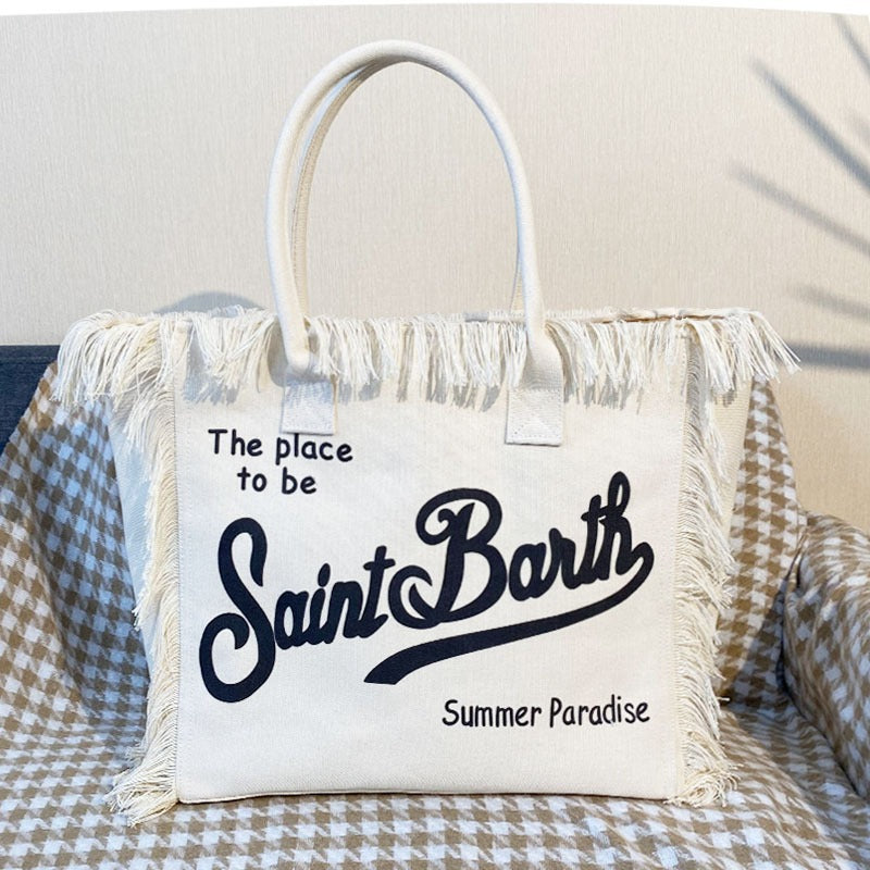 Beach Letters Large Capacity Commuter Handmade Tassel Tote Bag