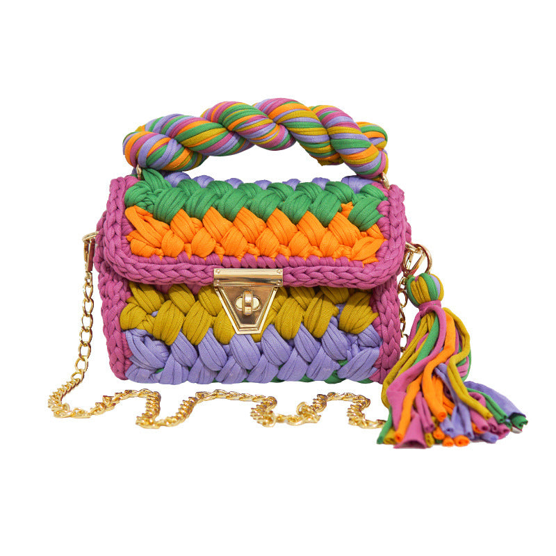 Contrast Color Handmade Finished Strip Thread Wool Bearded Bags