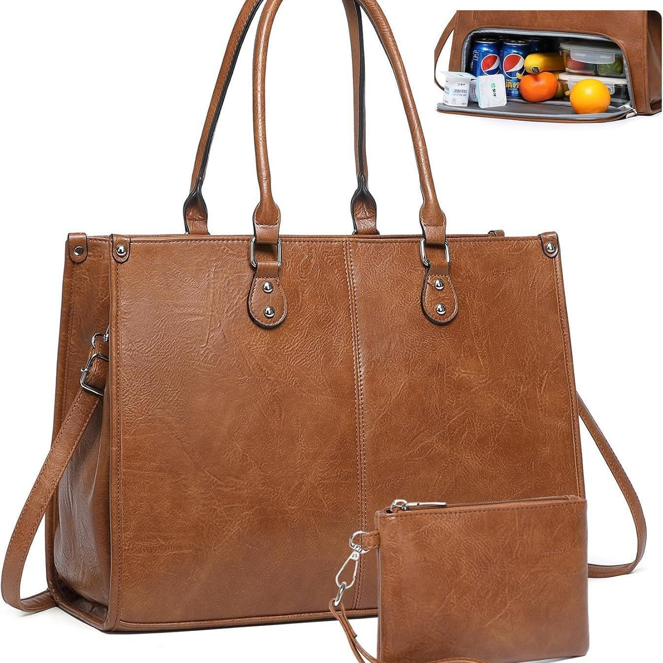 Leather Lunch Portable Insulated Computer Compartment Women's Messenger Bag