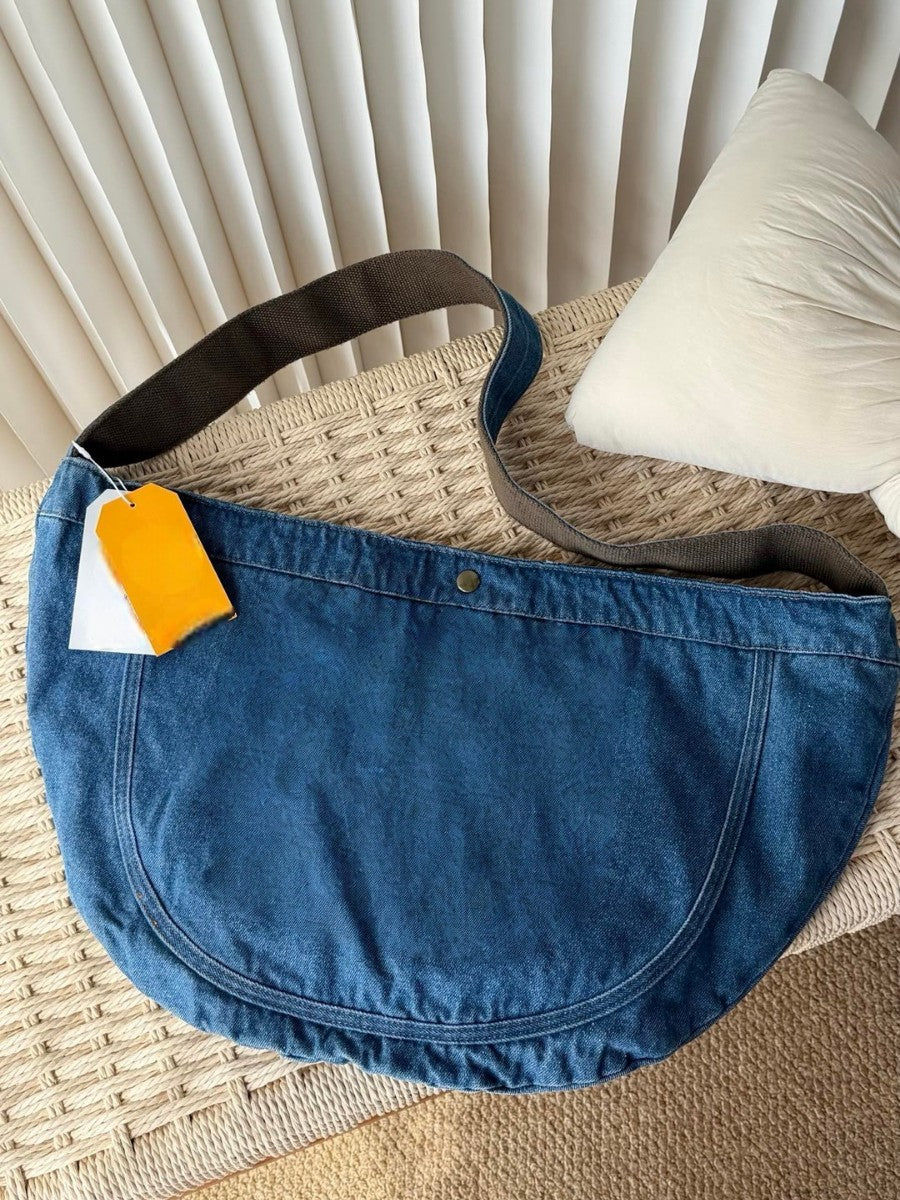 Women's Idle Style Washed Denim Crescent Artistic Tote Bags