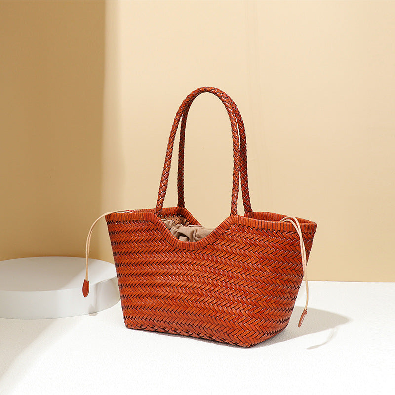 Genuine Leather Woven Large Capacity French Retro Vegetable Tote Bags