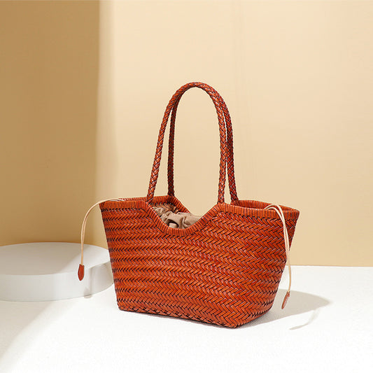 Genuine Leather Woven Large Capacity French Retro Vegetable Tote Bags