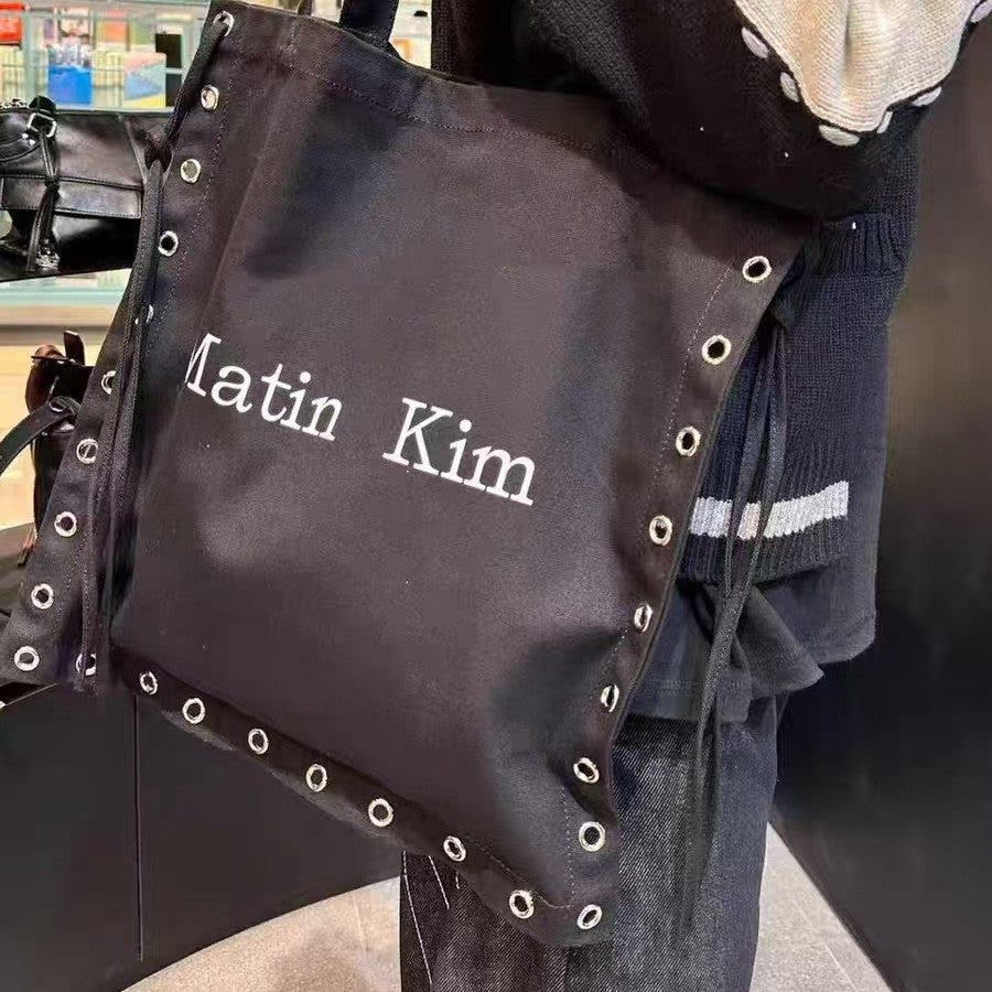Niche Trendy Punk Drawstring Rivet Hole Personality Canvas Shoulder Bags