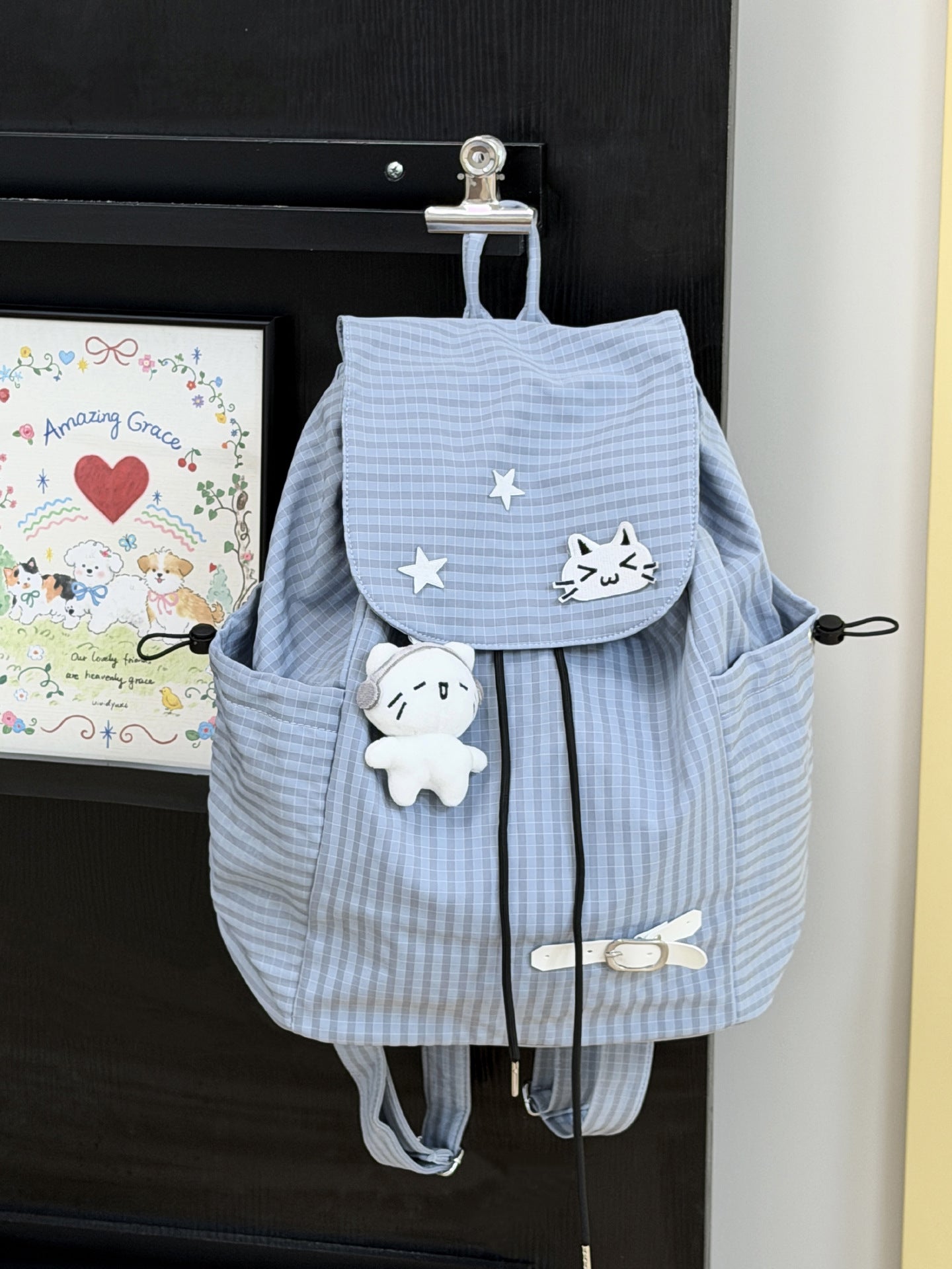 Embroidery Kitten Milk Blue Plaid Soft Leisure Backpack
