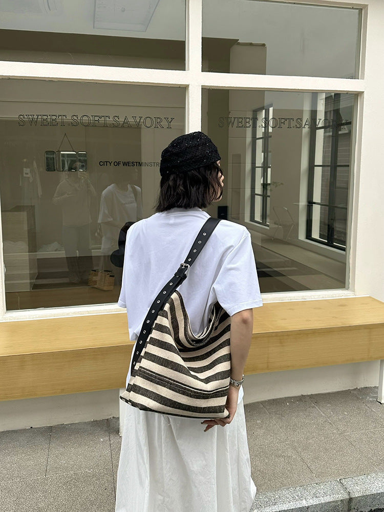 Women's Ge Black White Striped Canvas Large Capacity Bags