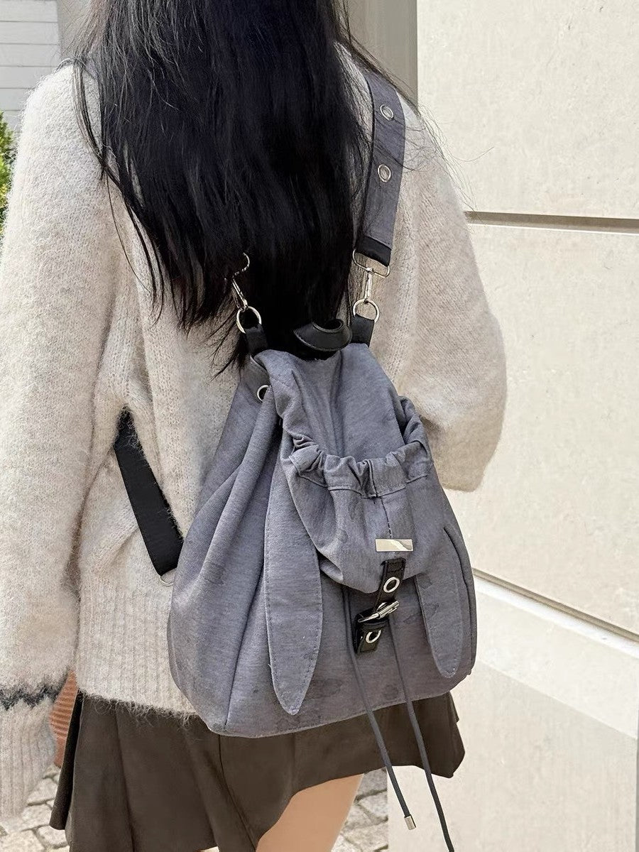 Retro Cute Rabbit Ear Design Drawstring Simple Women's Backpack