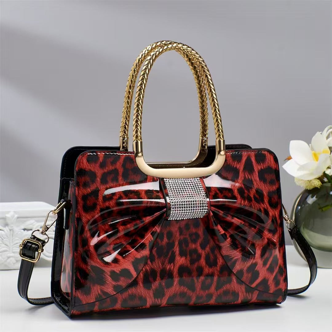Women's Leather Glossy Portable Rhinestone Fashion Temperament Leopard Women's Handbag