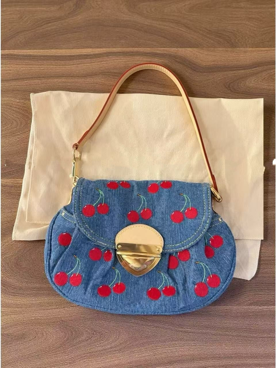 Denim Embroidered Cherry Mahjong Ingot White Pillow Bags