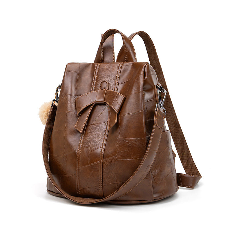 Women's Stitching Large Capacity Retro Fashion Versatile Soft Leather Women's Backpack