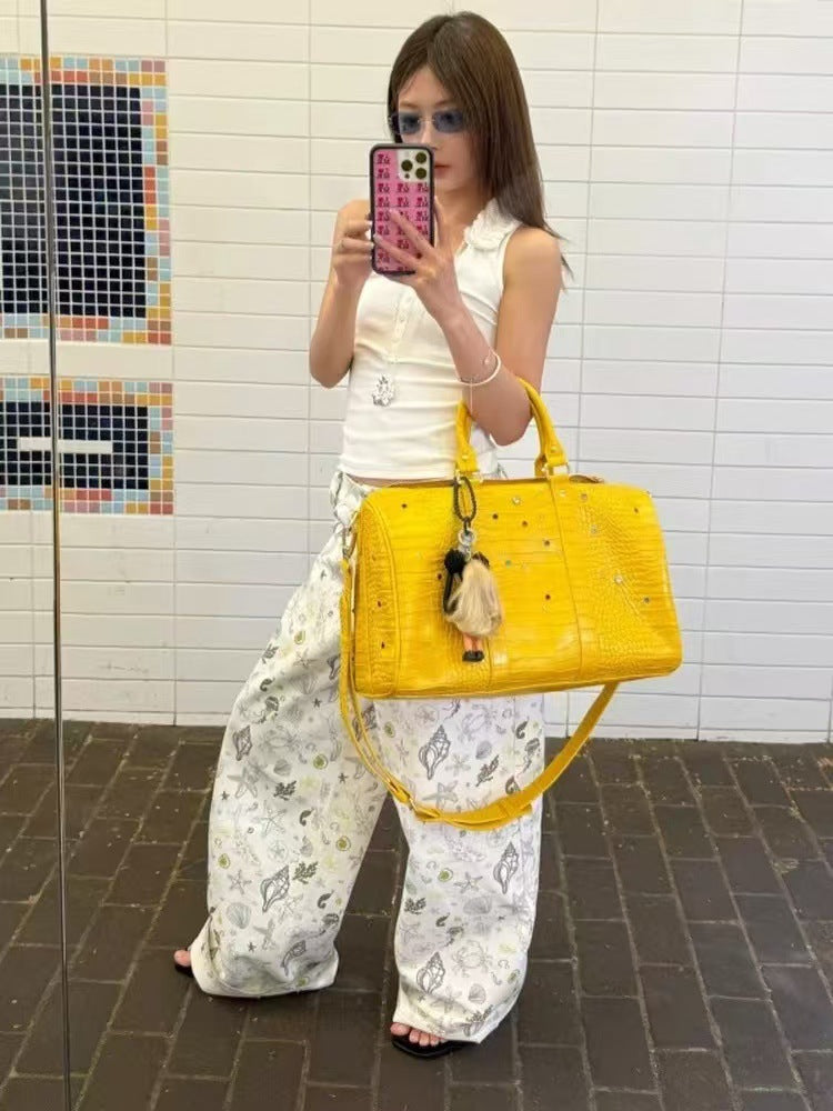 Women's & Men's Leather Pattern Colorful Crystals Gem Niche American Street Trendy Portable Tote Bag