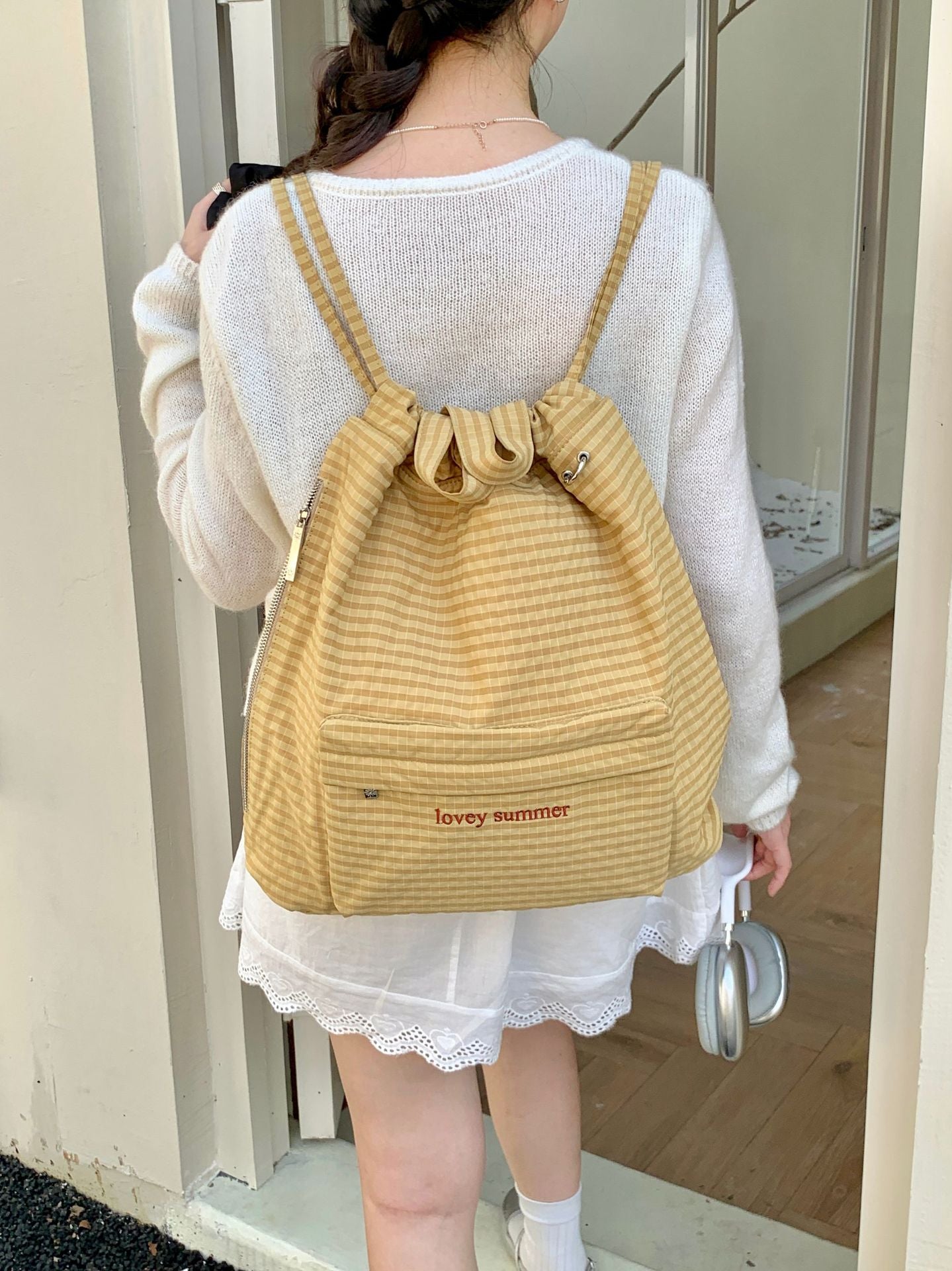Women's Drawstring Plaid Large Capacity Commute High Women's Backpack