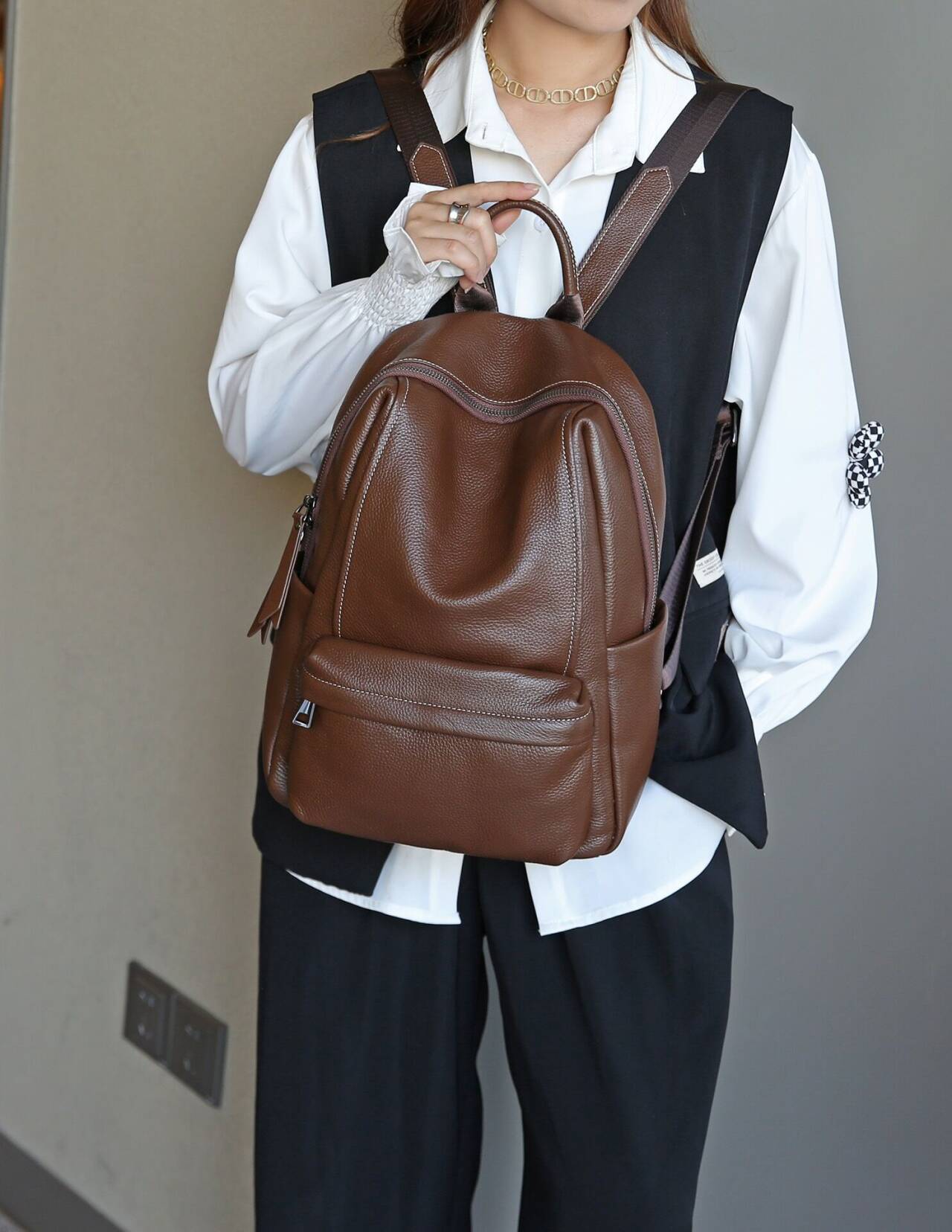 Women's Genuine Leather Lychee Pattern Korean Large Capacity Commuter Computer Women's Backpack