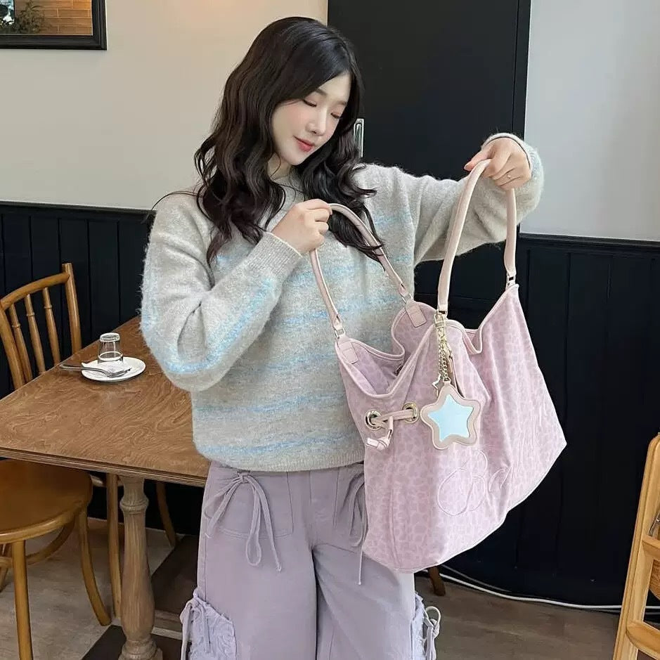 Korean Five-pointed Star Mirror Embroidered Leopard Print Polka Dot Large Tote Bag