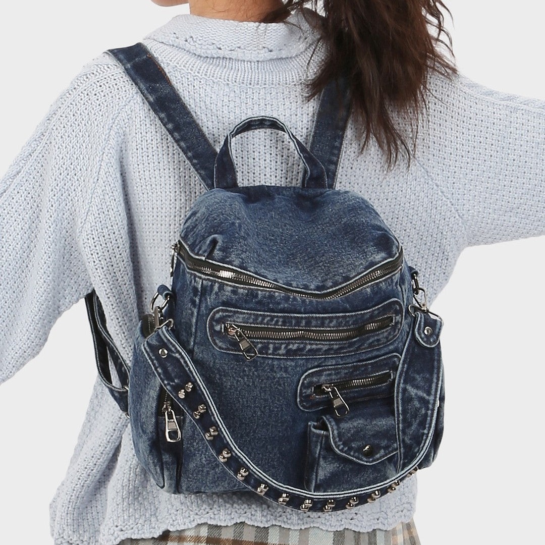 Retro Washed Denim Design Rivet Versatile College Leisure Backpack
