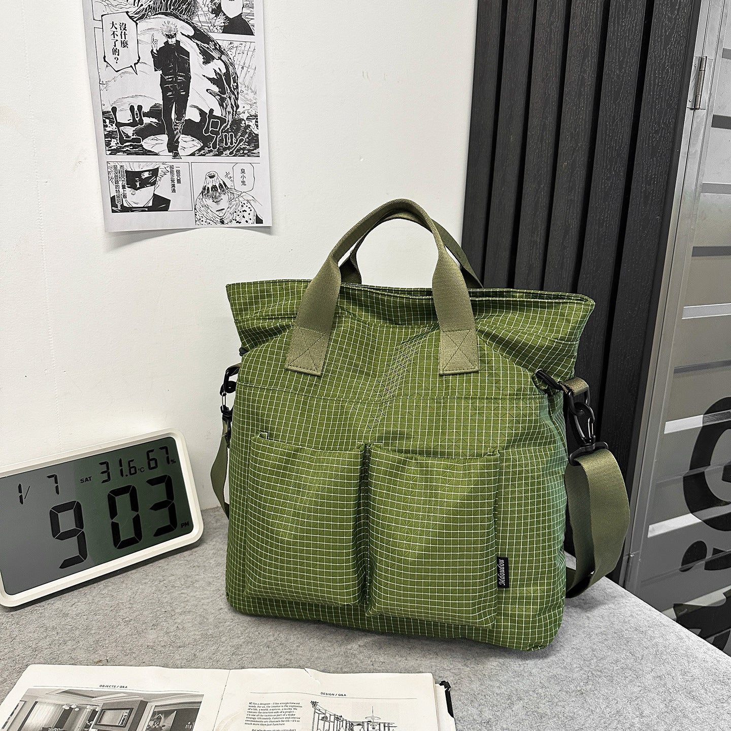 Green Plaid Canvas Large Capacity Portable Tote Bag