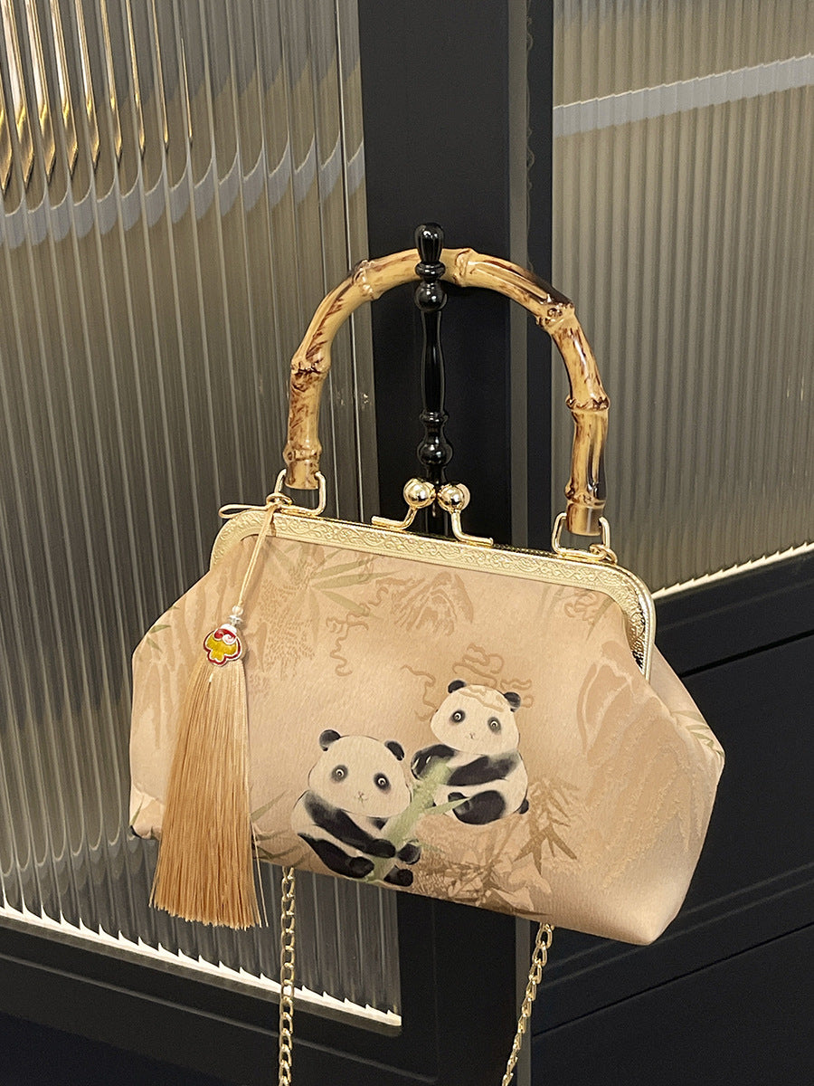 Panda Climbing Bamboo Wooden Fashion Tassel Women's Handbag