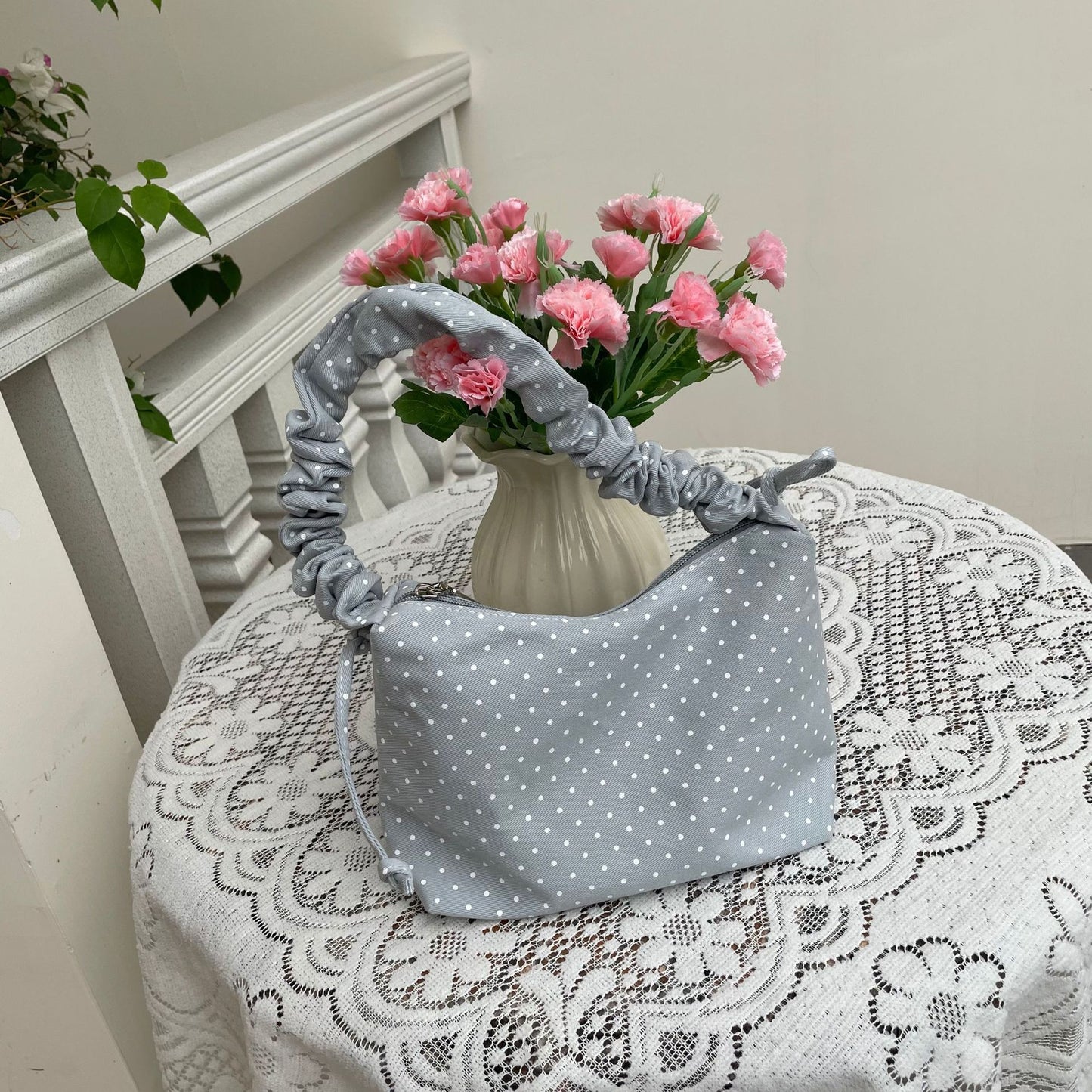 Women's Fashionable Polka Dot Drawstring Ruffle Adjustable Strap Convenient Shoulder Bags