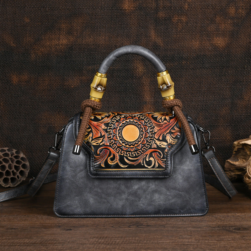 Women's Retro Artistic Style Underarm Bamboo Hemp Rope Hand-held Embossing Brush-off Bags